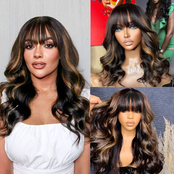 Glueless Wig 1B/27 Highlight Color Body Wave Wig With Bangs Human Hair Wig