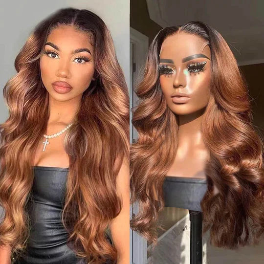 Black With Light Brown Ombre Color Body Wave Virgin Wig Transparent Lace Wig Human Hair Wig