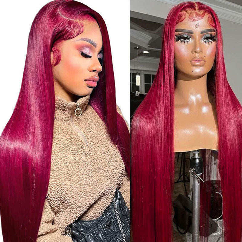 Glueless Wig Straight Wigs #99J Burgundy Color 4x4/13x4 Transparent Lace Front Wigs 150% Density Pre-plucked