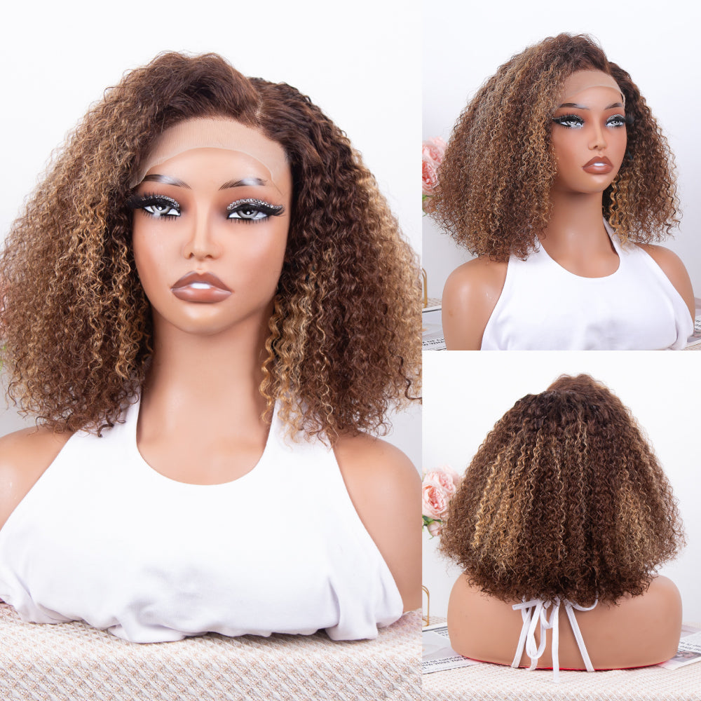 FABA Brown Highlight Afro Kinky Curly Glueless Closure Pre-Cut Lace Wig Breathable Cap Natural Hairline 200% Density Wigs