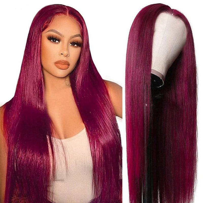 Glueless Wig Straight Wigs #99J Burgundy Color 4x4/13x4 Transparent Lace Front Wigs 150% Density Pre-plucked