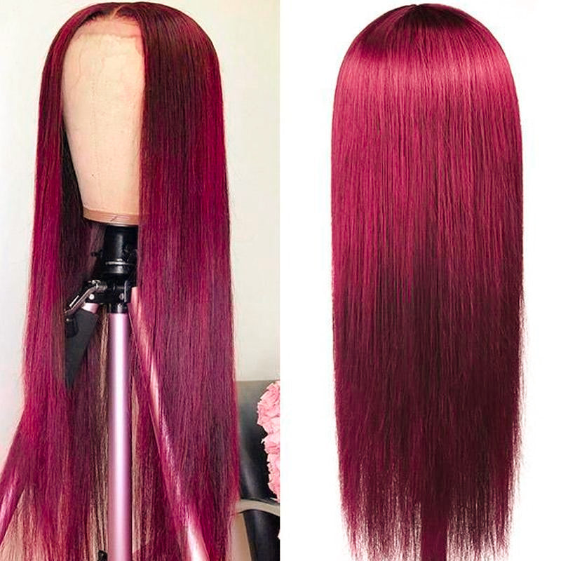 Glueless Wig Straight Wigs #99J Burgundy Color 4x4/13x4 Transparent Lace Front Wigs 150% Density Pre-plucked