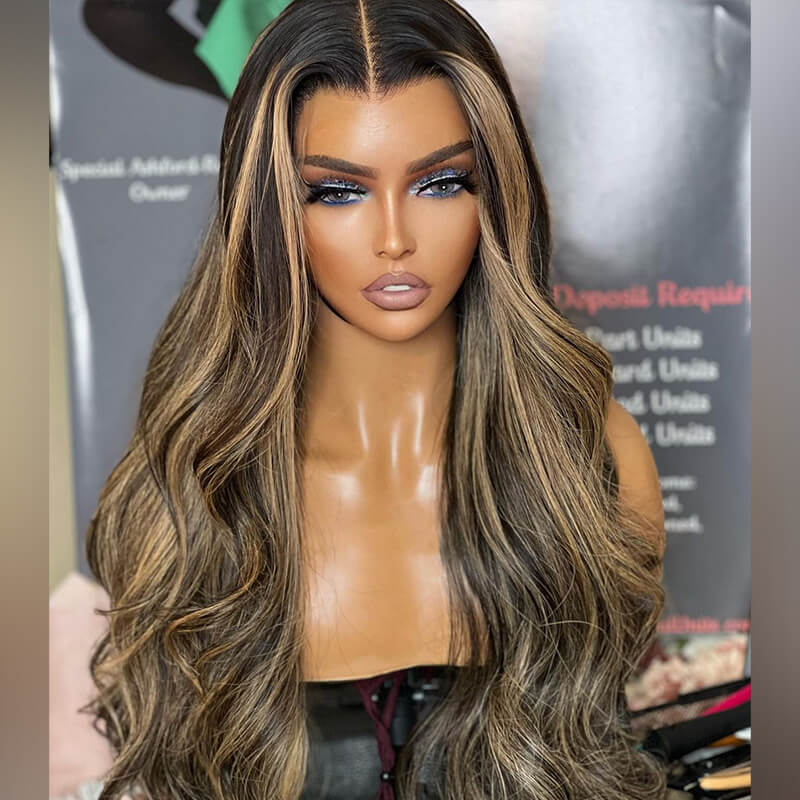 Balayage Body Wave Wig Transparent Lace Front Wigs Black With Honey Blonde Wig