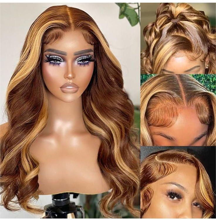 Honey Blonde Highlight Glueless Wig Body Wave 4x4 Closure Lace Front Wigs 100% Virgin Human Hair Wigs