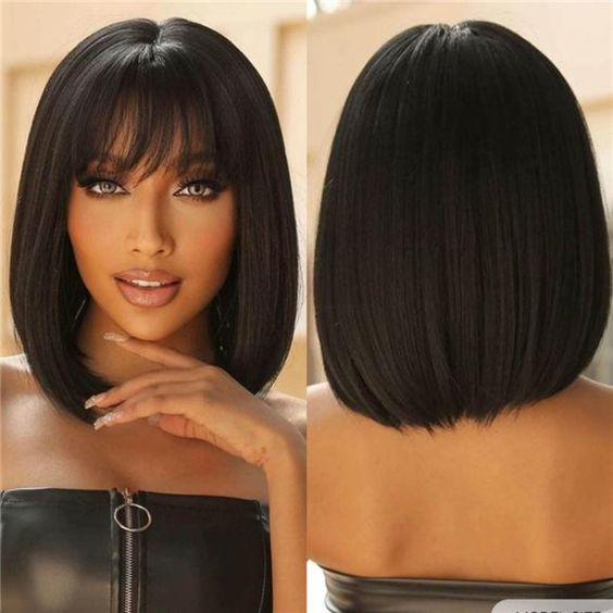 Glueless Wigs Bob Wig Clousure Lace Black Color Human Hair Wig With Bangs
