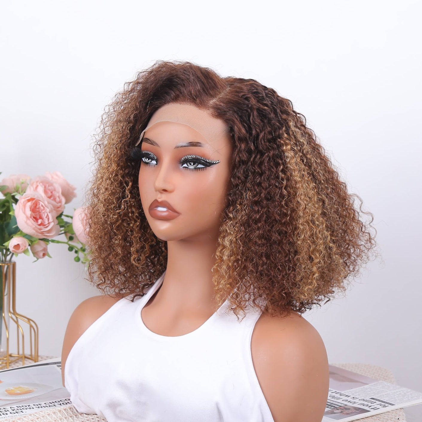 FABA Brown Highlight Afro Kinky Curly Glueless Closure Pre-Cut Lace Wig Breathable Cap Natural Hairline 200% Density Wigs