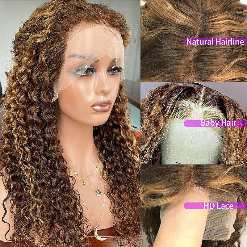 Highlight Color Water Wave Wig 180% Density 4x4 Lace Frontal Transparent Lace Wig