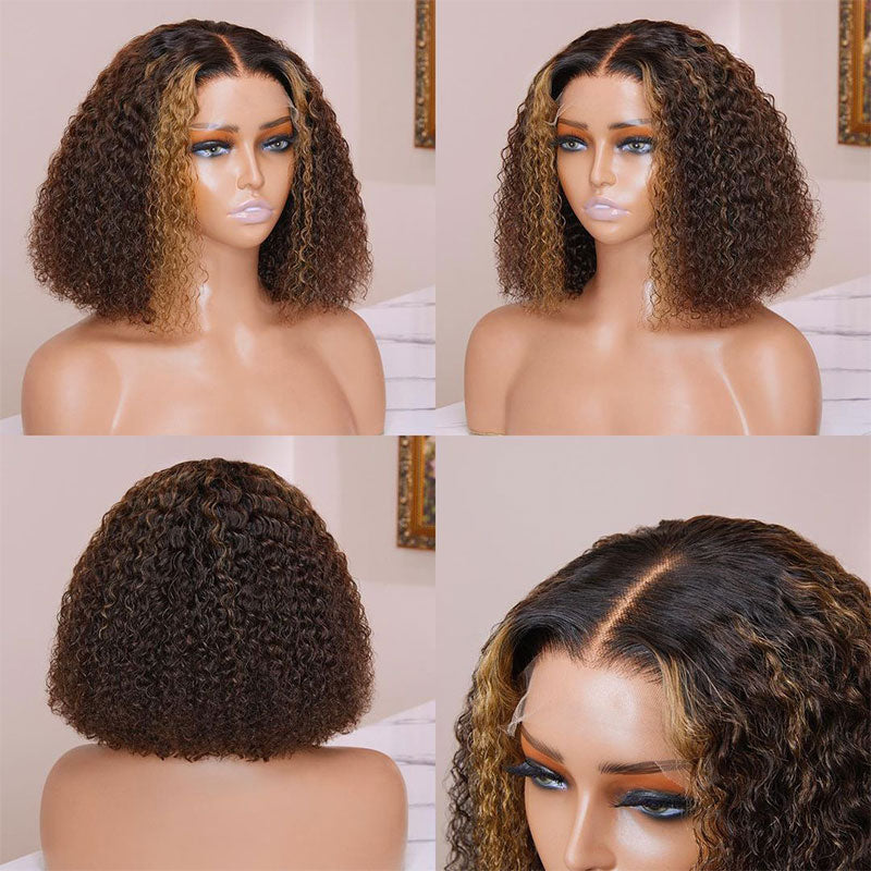 Highlight Curly Wig Bob Lace Front Wig 180% Density Wig Human Hair