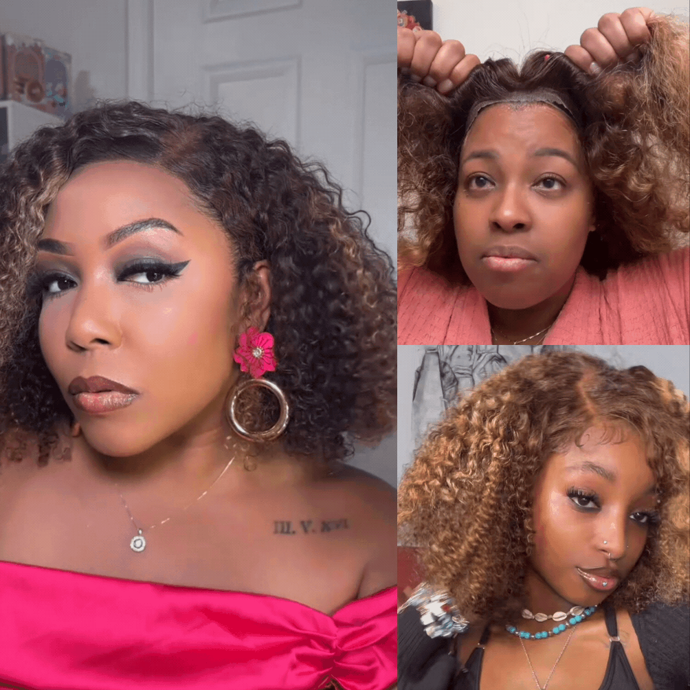FABA Brown Highlight Afro Kinky Curly Wig - Pre-Cut Lace Glueless Closure Adjustable Mid/Side Part 200% Density with Natural Hairline