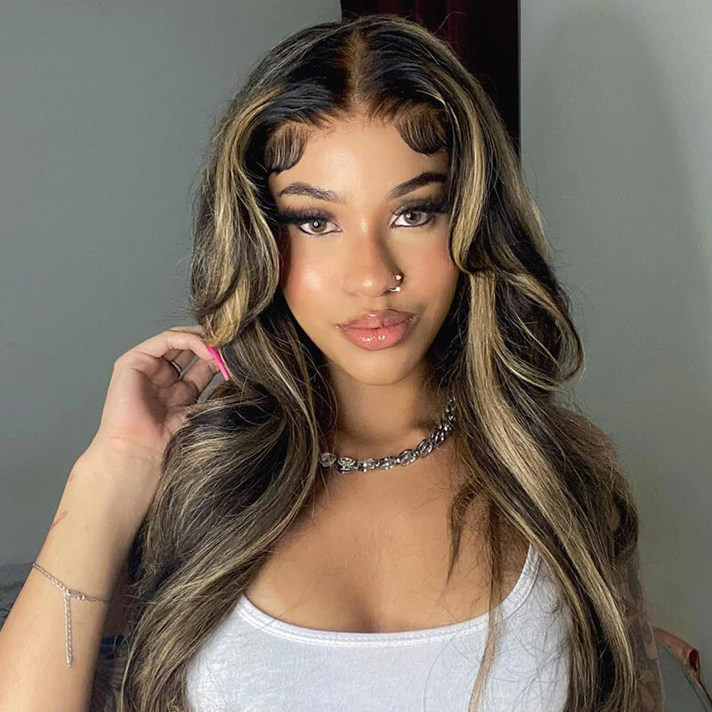 Balayage Body Wave Wig Transparent Lace Front Wigs Black With Honey Blonde Wig