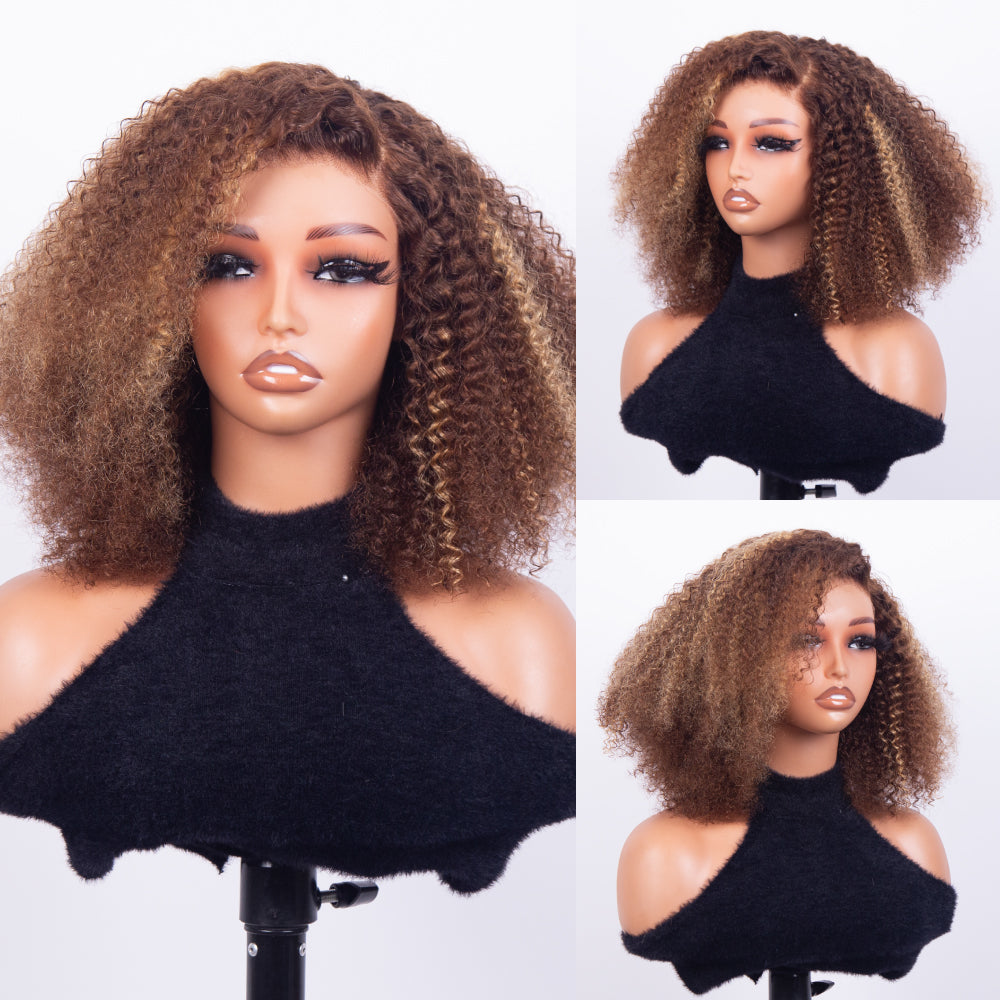 FABA Brown Highlight Afro Kinky Curly Wig - Pre-Cut Lace Glueless Closure Adjustable Mid/Side Part 200% Density with Natural Hairline