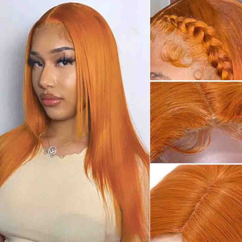 Ginger Orange Color Straight Wig 13x4 Transparent HD Lace Front Wigs 180% Density