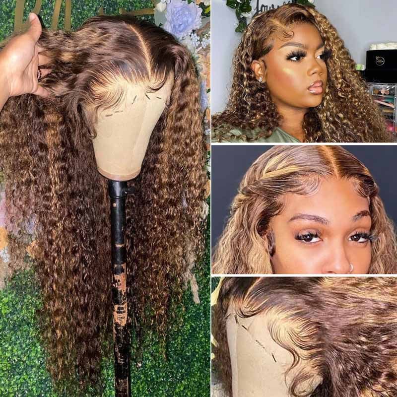 Highlight Color Water Wave Wig 180% Density 4x4 Lace Frontal Transparent Lace Wig