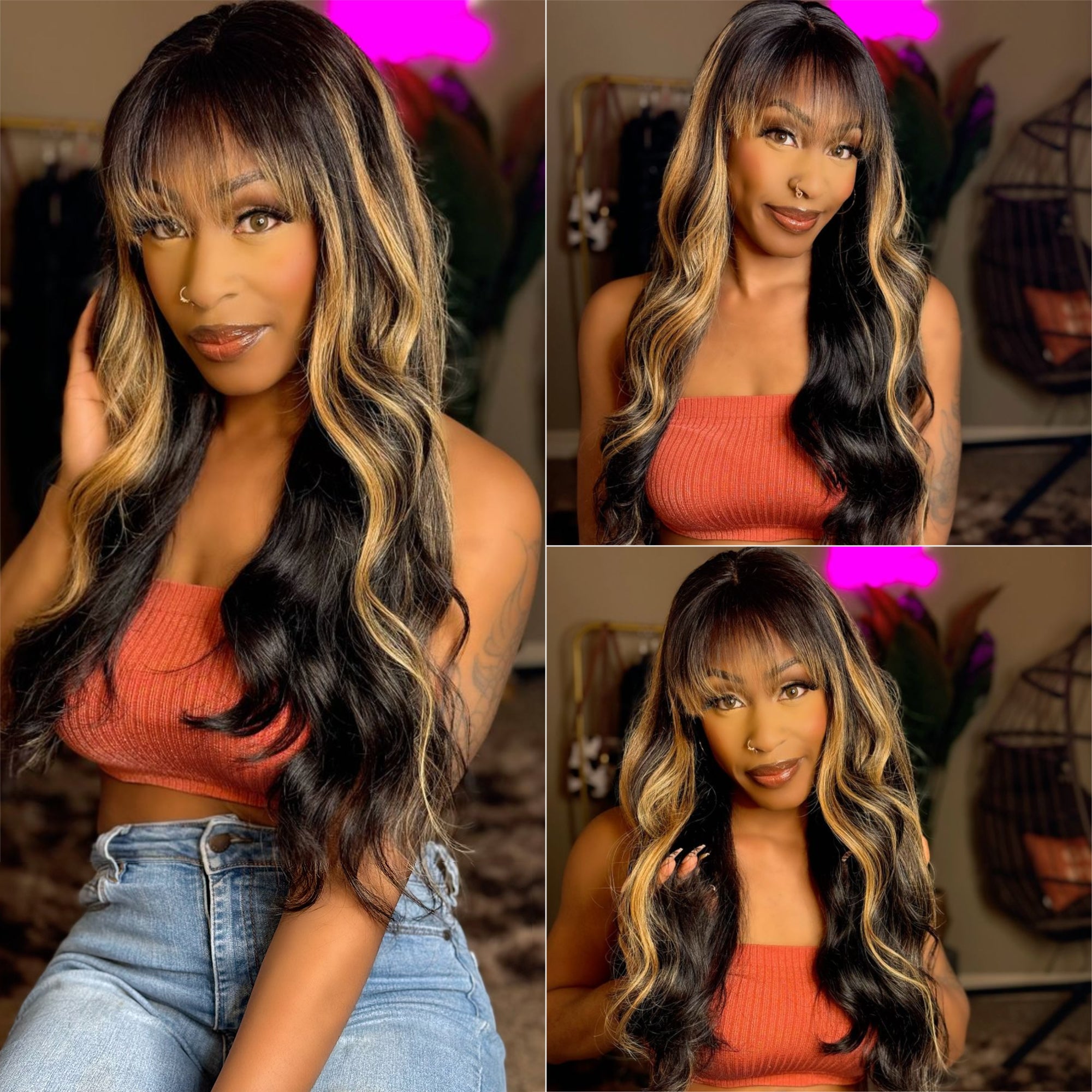 Glueless Wig 1B/27 Highlight Color Body Wave Wig With Bangs Human Hair Wig