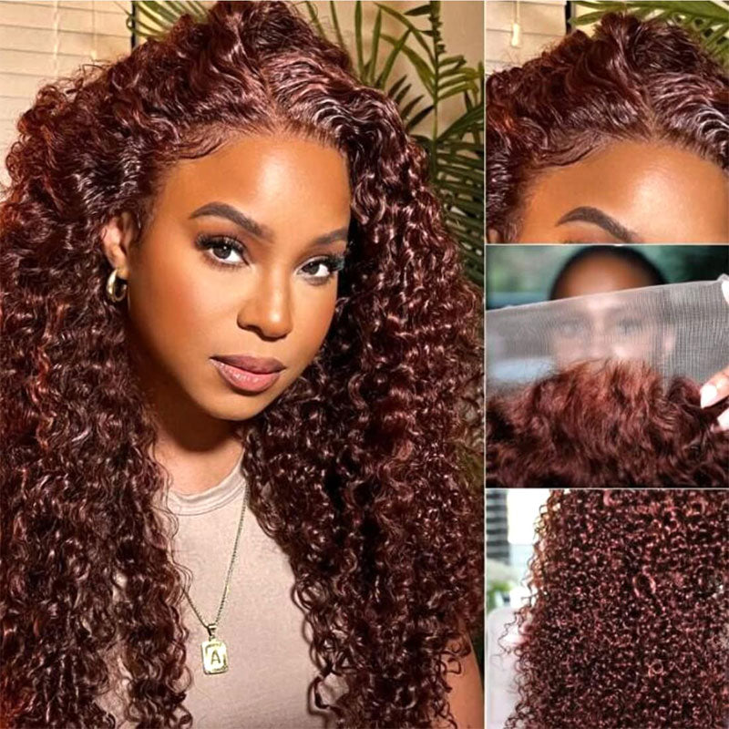Reddish Brown Curly Wig Transparent Lace Front Wigs 4*4/13*4/13*6 Lace Human Hair Wig