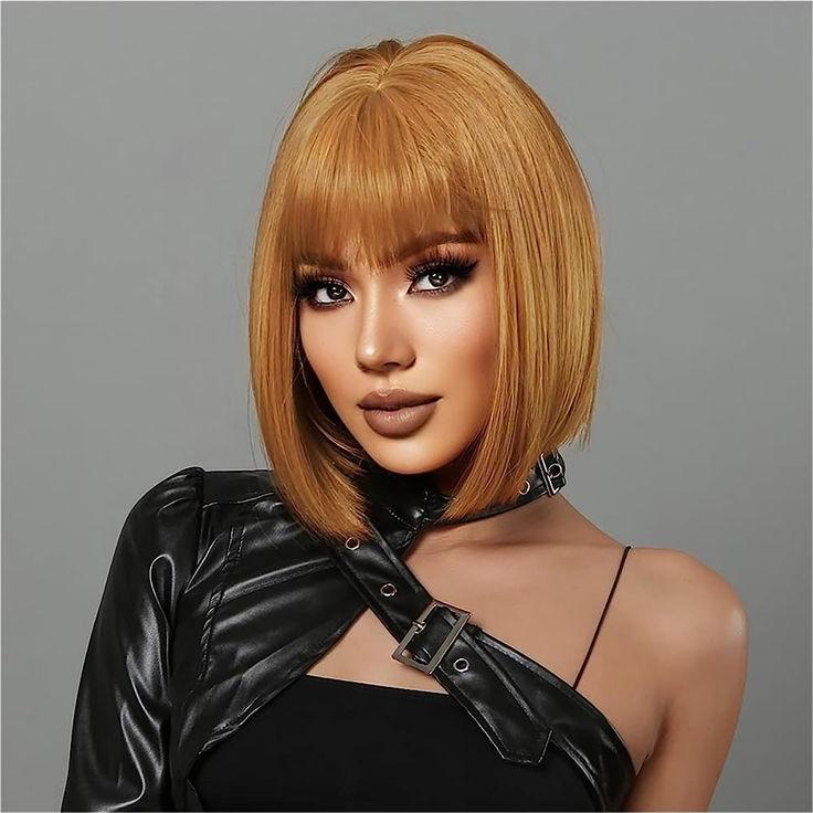 Glueless Wigs Straight Bob Wig Clousure Lace Honey Blonde Color Human Hair Wig With Bangs