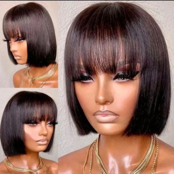 Glueless Wigs Bob Wig Clousure Lace Black Color Human Hair Wig With Bangs