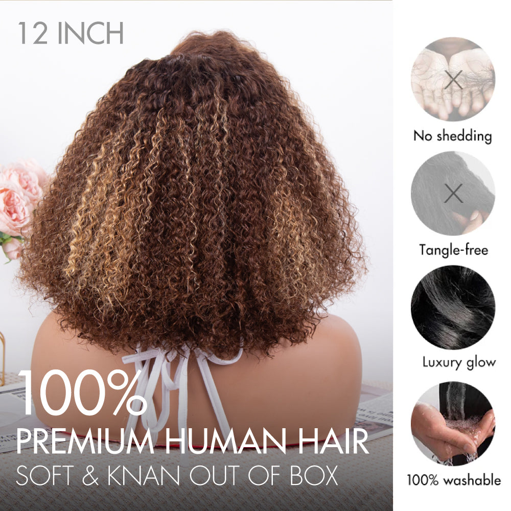 FABA Brown Highlight Afro Kinky Curly Glueless Closure Pre-Cut Lace Wig Breathable Cap Natural Hairline 200% Density Wigs