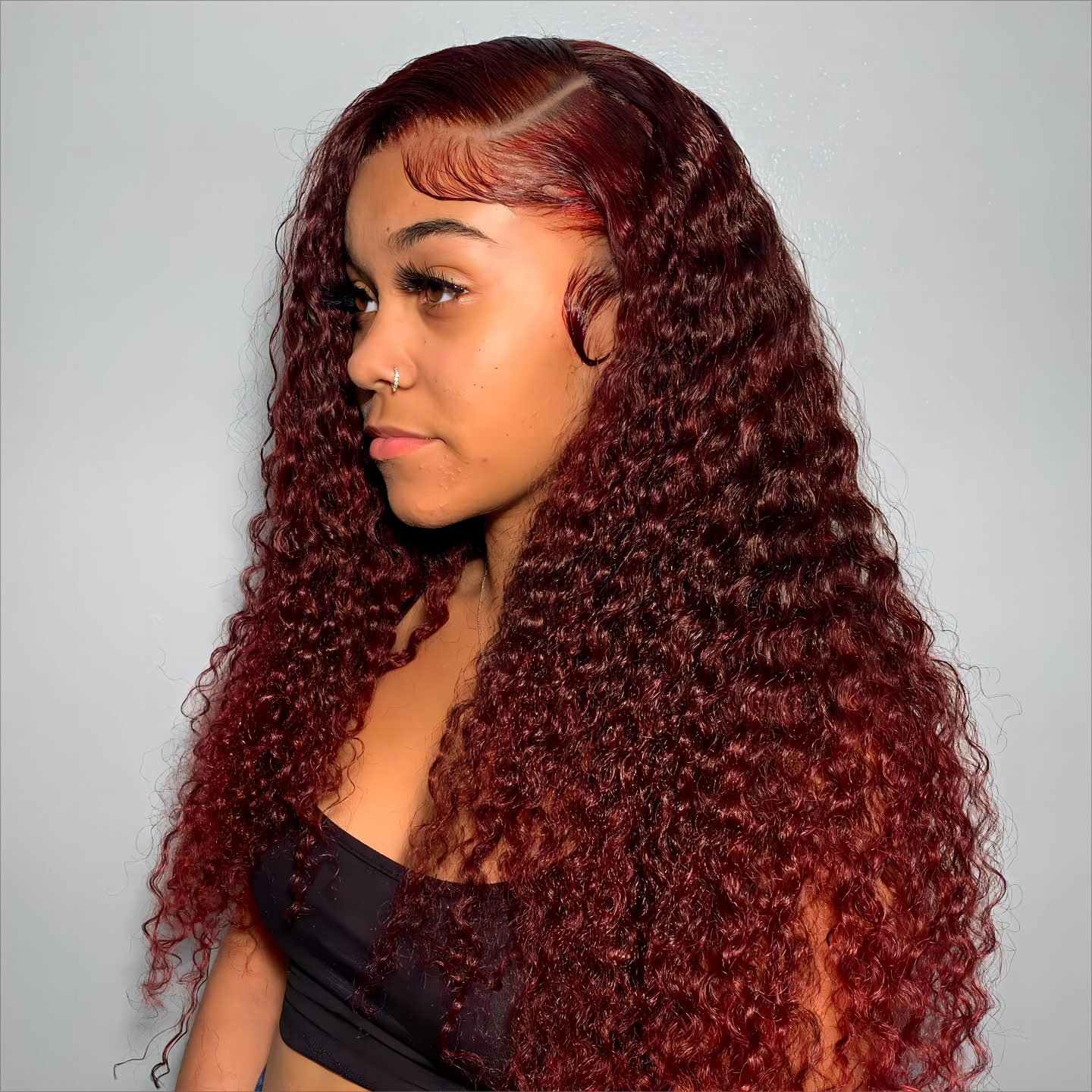 Pre-Cut Lace Wear Go Glueless Wig Burgundy Pure Color Curly Breathable