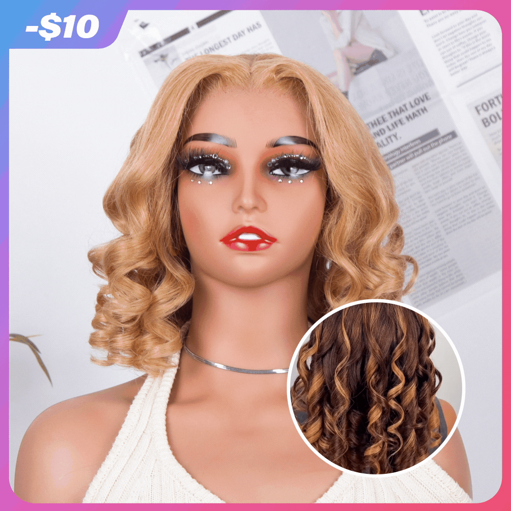FABA Bouncy 427#Brown Piano Blonde|27# Honey Blonde Bob Wig Glueless WEAR & GO Wig HD Lace 100% Human Hair MiNi Tangle Wigs