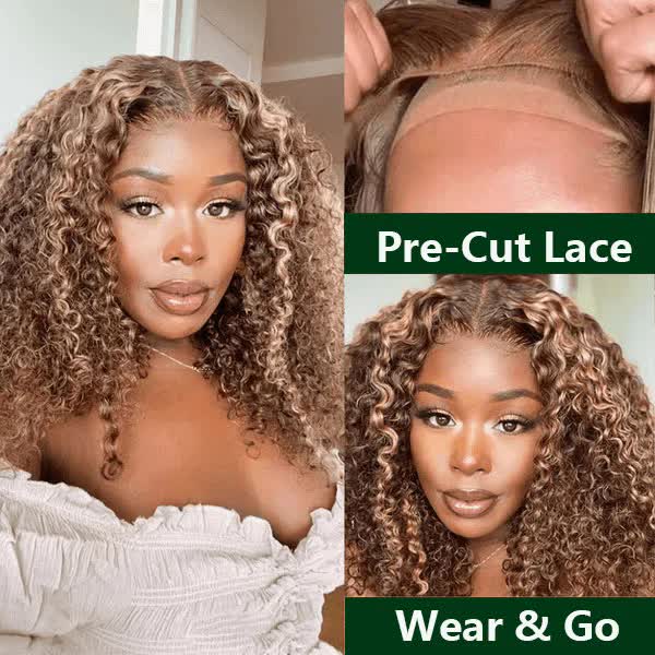 Pre-Cut Lace Wear Go Glueless Wig Honey Blonde With Brown Piano Color Curly Breathable