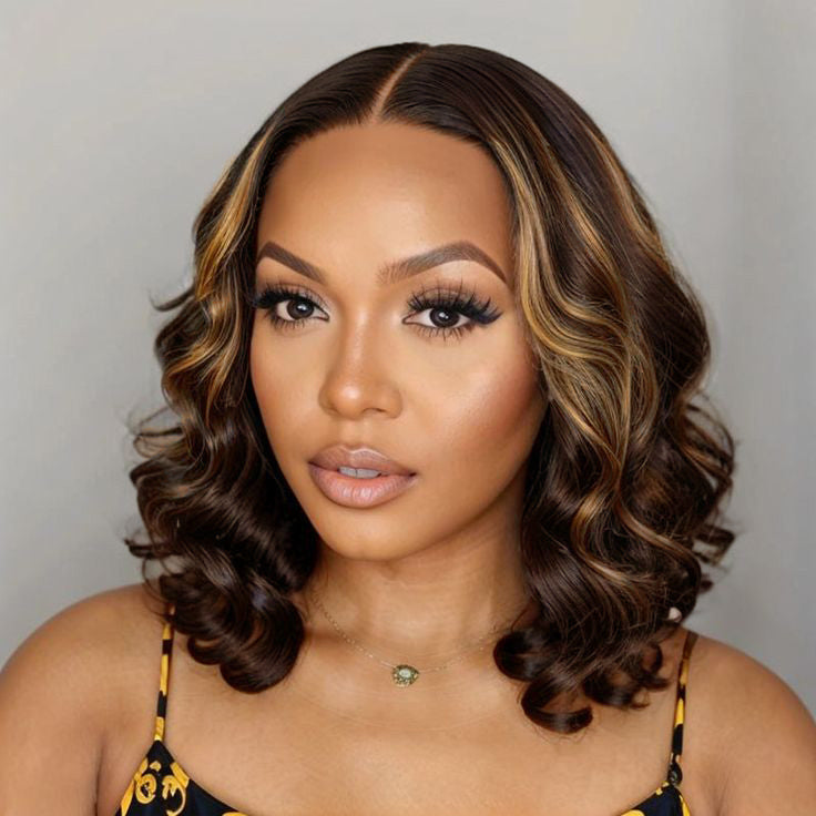 FABA Original Style| 4/27# Piano Highlights Color Glueless Transparent Lace Wig Short Bob Human Hair Wig