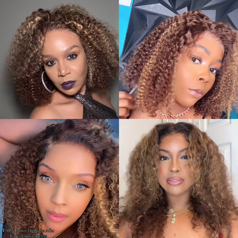 FABA Brown Highlight Afro Kinky Curly Wig - Pre-Cut Lace Glueless Closure Adjustable Mid/Side Part 200% Density with Natural Hairline