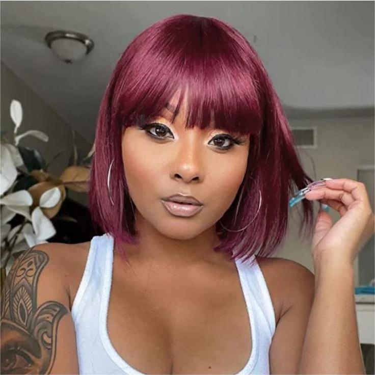 Glueless Wigs Straight Bob Wig Clousure Lace 99J Color Human Hair Wig With Bangs