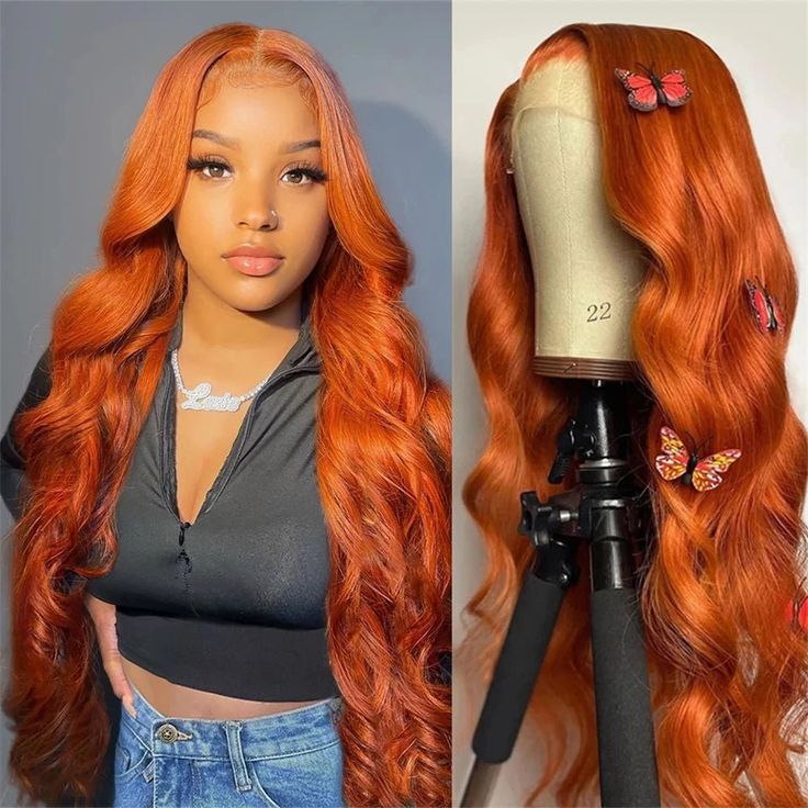 Ginger Color Body Wave Wig Transparent Lace Front Wigs 180% Density Human Hair