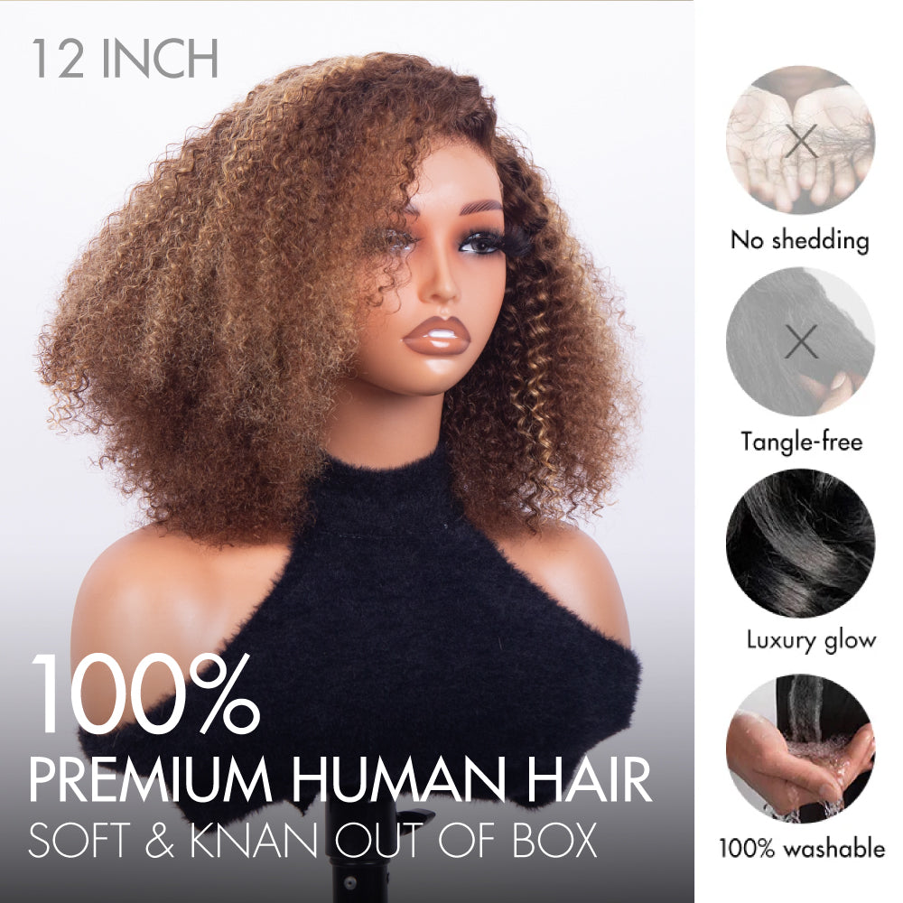 FABA Brown Highlight Afro Kinky Curly Wig - Pre-Cut Lace Glueless Closure Adjustable Mid/Side Part 200% Density with Natural Hairline