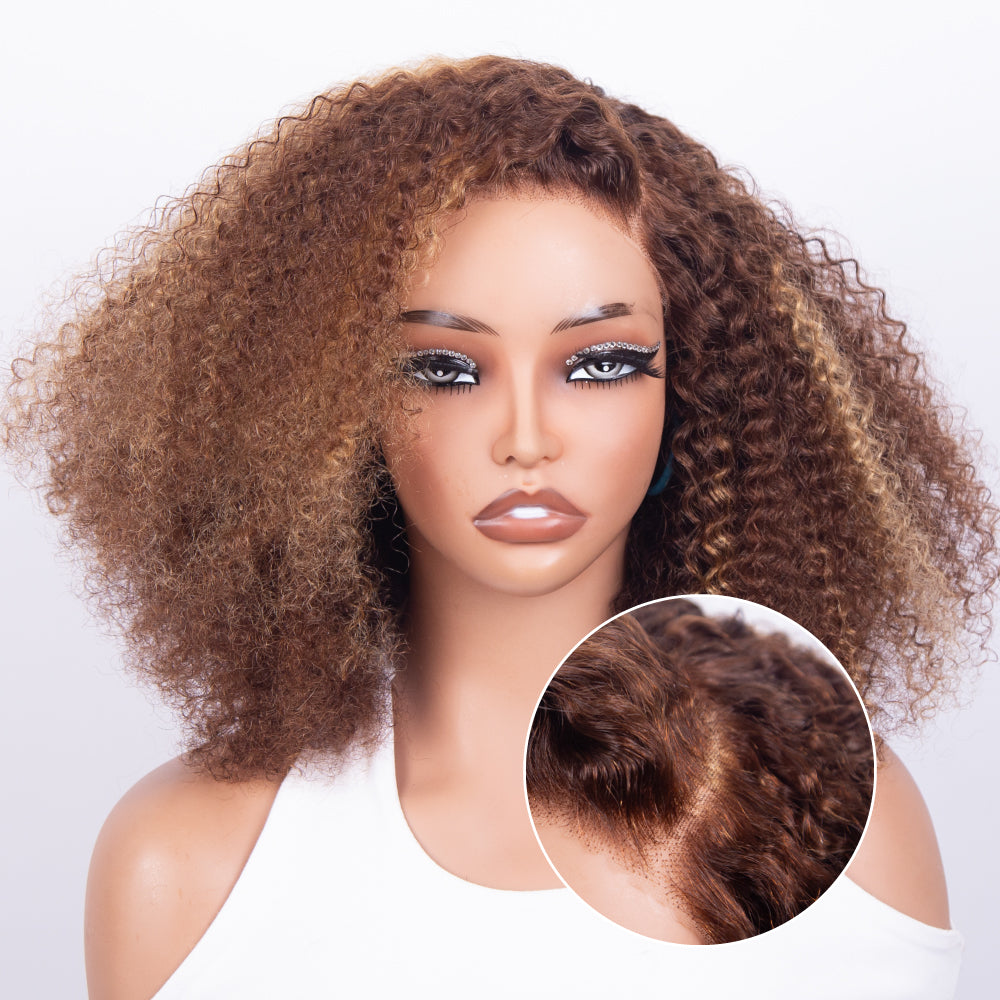 FABA Brown Highlight Afro Kinky Curly Wig - Pre-Cut Lace Glueless Closure Adjustable Mid/Side Part 200% Density with Natural Hairline