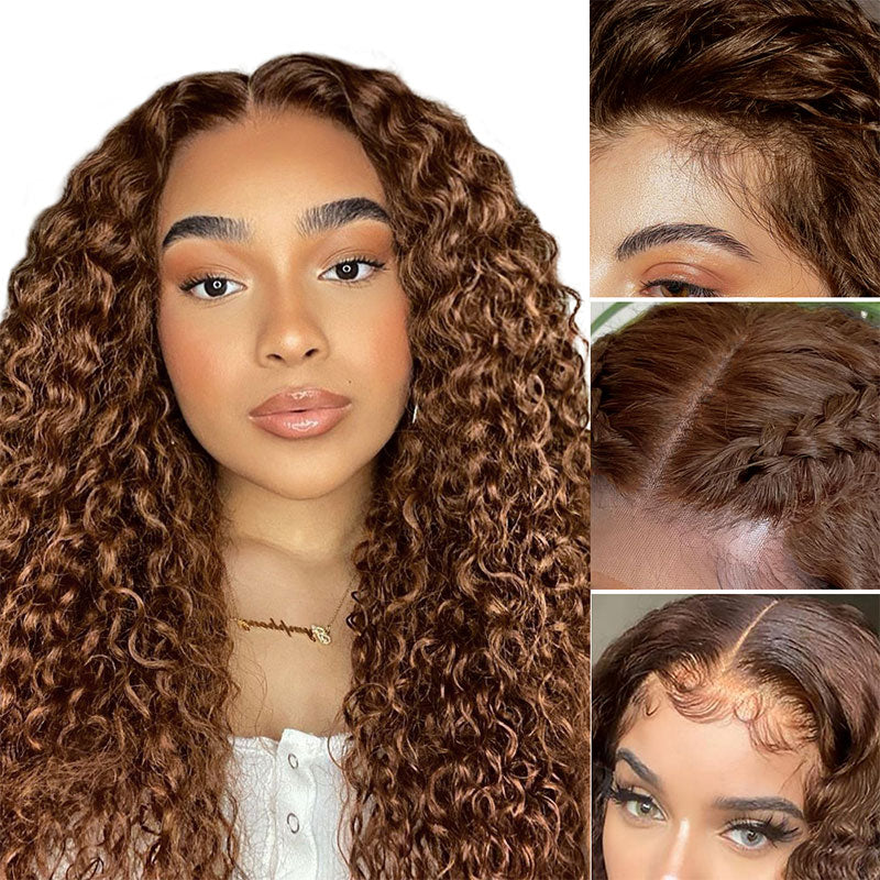 #4 Brown Chestnut Brown Curly HD Lace Front Wigs 180% Density