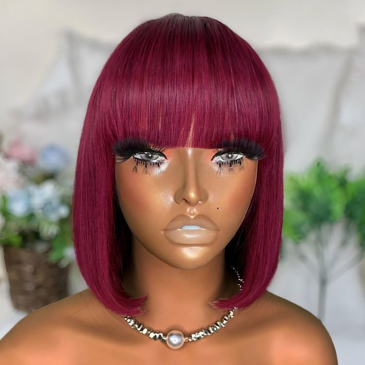 Glueless Wigs Straight Bob Wig Clousure Lace 99J Color Human Hair Wig With Bangs