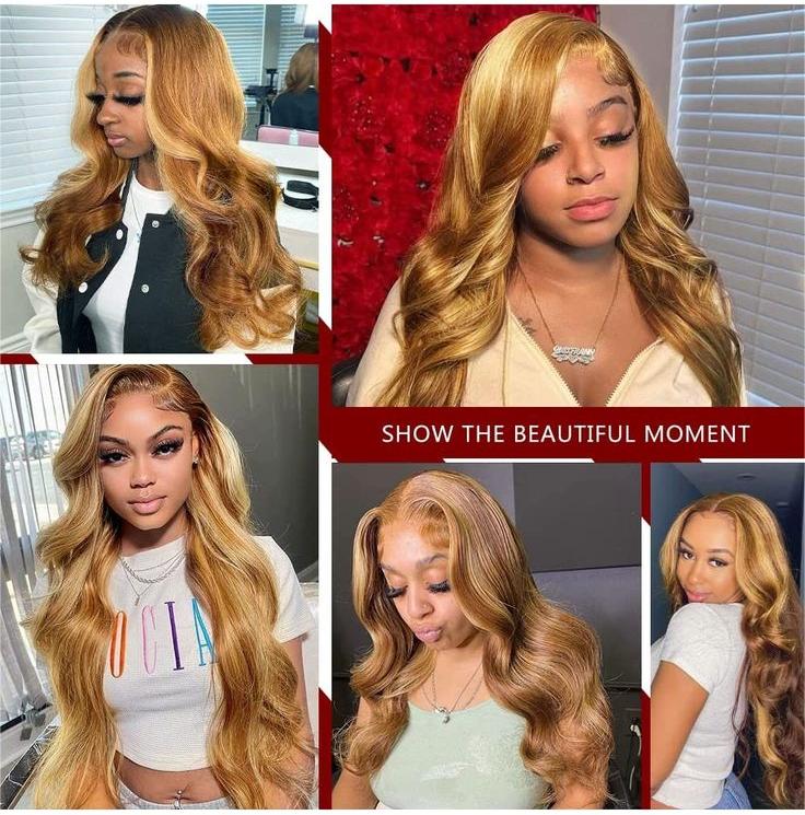 Honey Blonde Highlight Glueless Wig Body Wave 4x4 Closure Lace Front Wigs 100% Virgin Human Hair Wigs