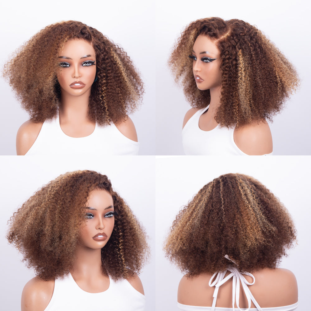 FABA Brown Highlight Afro Kinky Curly Glueless Closure Pre-Cut Lace Wig Breathable Cap Natural Hairline 200% Density Wigs