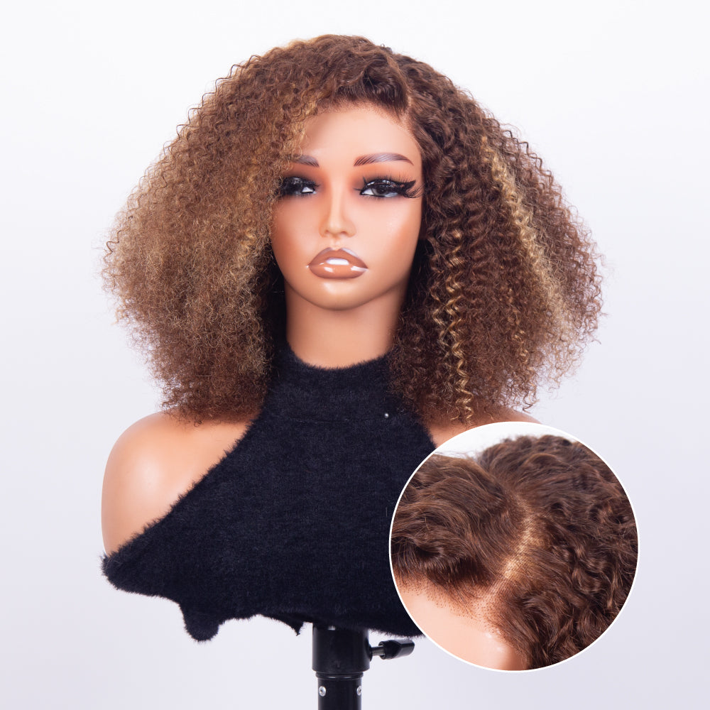 FABA Brown Highlight Afro Kinky Curly Wig - Pre-Cut Lace Glueless Closure Adjustable Mid/Side Part 200% Density with Natural Hairline
