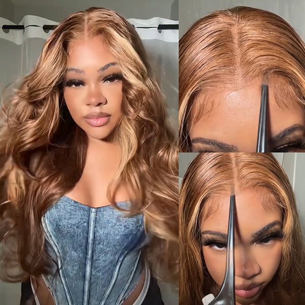 Honey Blonde Highlight Glueless Wig Body Wave 4x4 Closure Lace Front Wigs 100% Virgin Human Hair Wigs