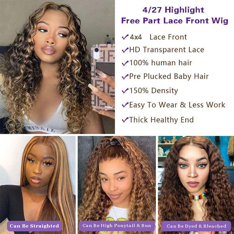 Highlight Color Water Wave Wig 180% Density 4x4 Lace Frontal Transparent Lace Wig