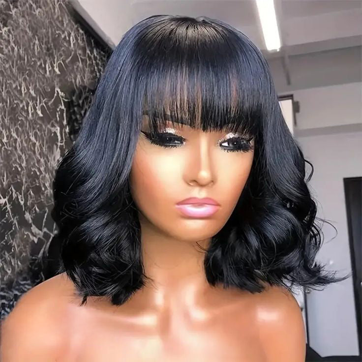 FABA Natural Wave Glueless Bob Wig with Bangs Beginner Friendly Loose Wave Wig