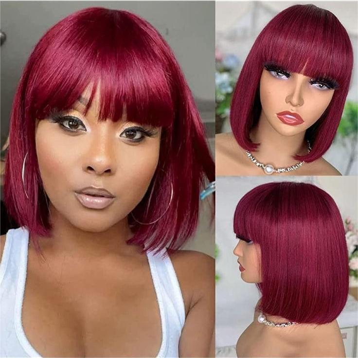 Glueless Wigs Straight Bob Wig Clousure Lace 99J Color Human Hair Wig With Bangs