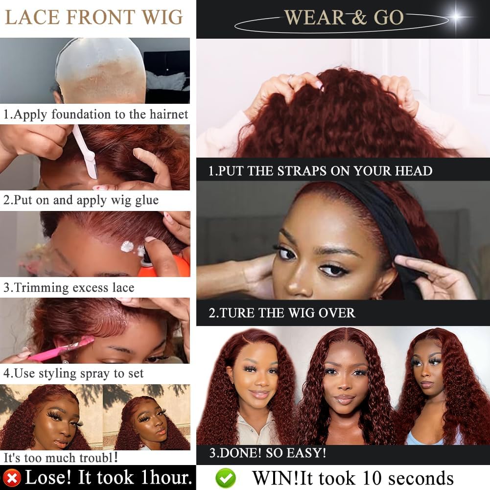 Pre-Cut Lace Wear Go Glueless Wig Reddish Brown Pure Color Curly Breathable