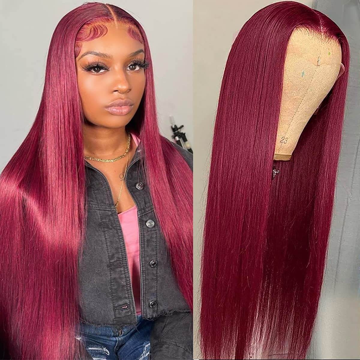 Glueless Wig Straight Wigs #99J Burgundy Color 4x4/13x4 Transparent Lace Front Wigs 150% Density Pre-plucked