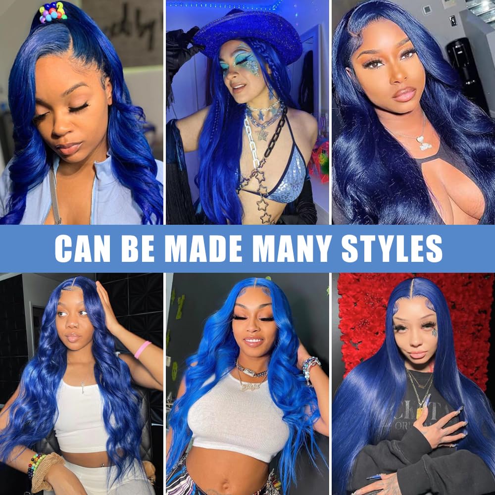Blue Lace Front Wig Human Hair 13x4 HD Body Wave Human Hair Lace Front Wigs Pre Plucked Colored Blue Lace Front Wig 180% Desity