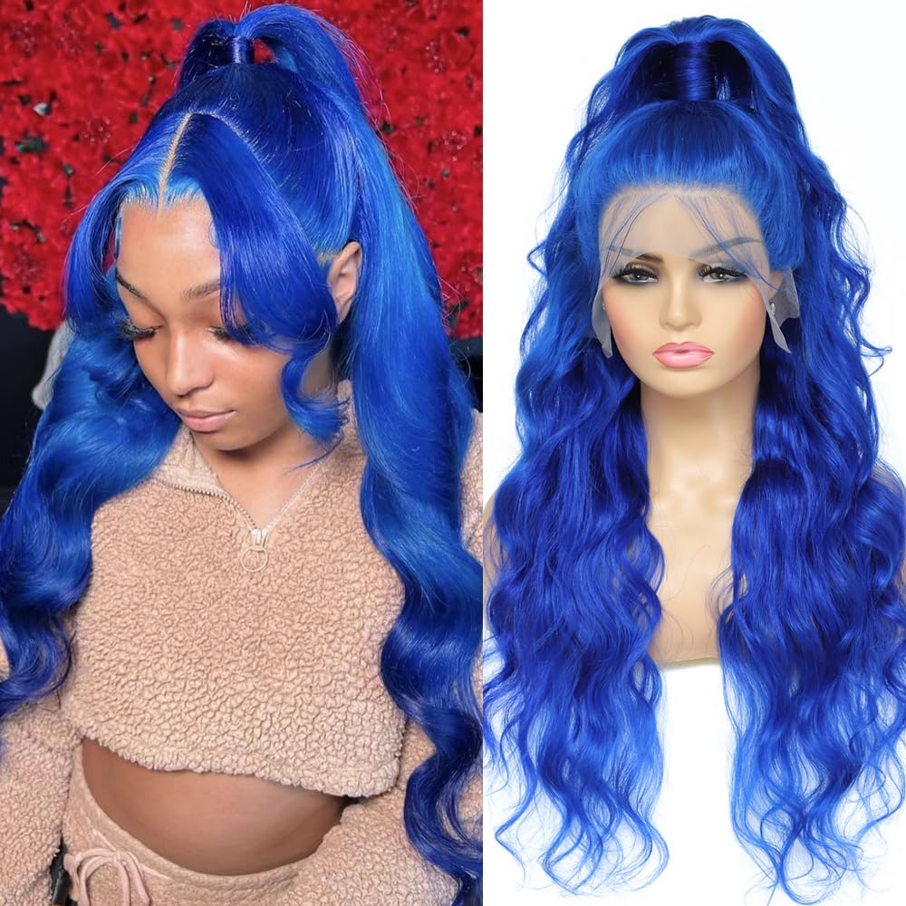 Blue Lace Front Wig Human Hair 13x4 HD Body Wave Human Hair Lace Front Wigs Pre Plucked Colored Blue Lace Front Wig 180% Desity