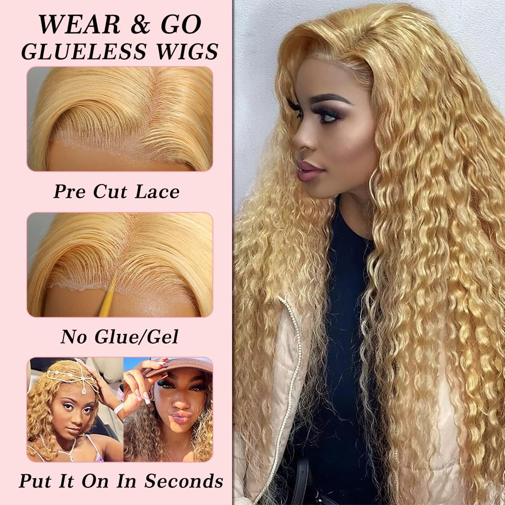 Pre-Cut Lace Wear Go Glueless Wig Honey Blonde Pure Color Curly Breathable