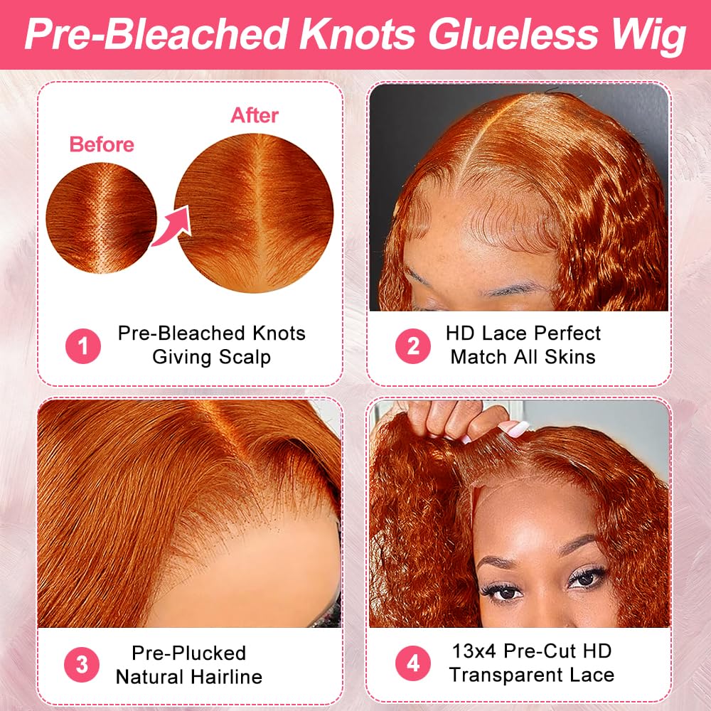 Pre-Cut Lace Wear Go Glueless Wig Ginger Orange Pure Color Curly Breathable