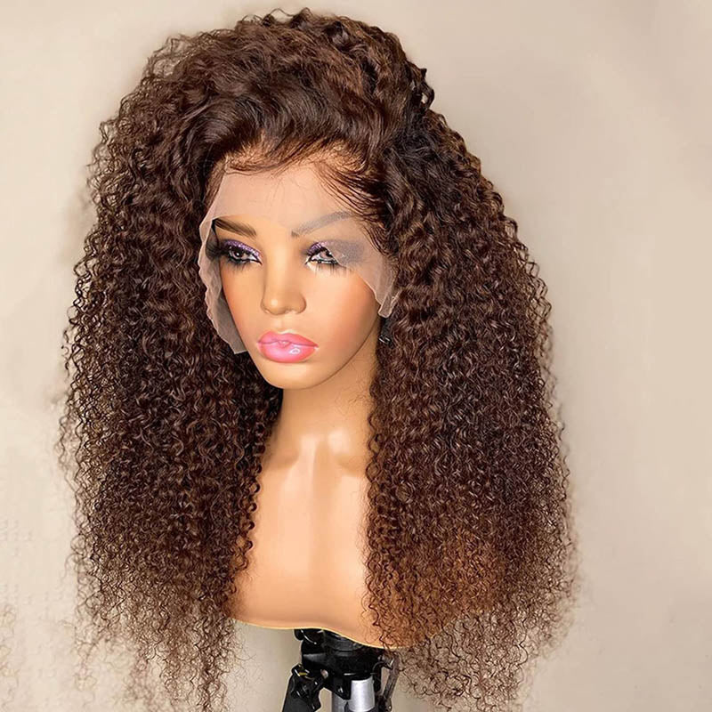 #4 Brown Chestnut Brown Curly HD Lace Front Wigs 180% Density