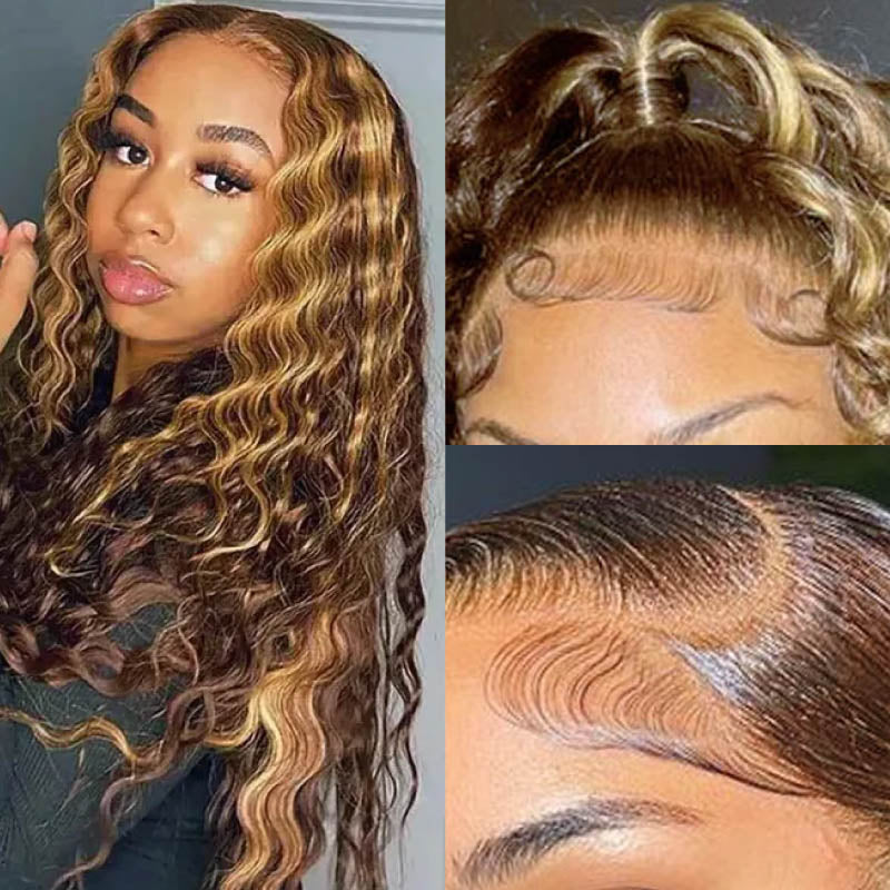Honey Blonde Piano Highlight Color 180% Density Deep Wave13x4 Lace Front Transparent Frontal Transparent Lace Wig