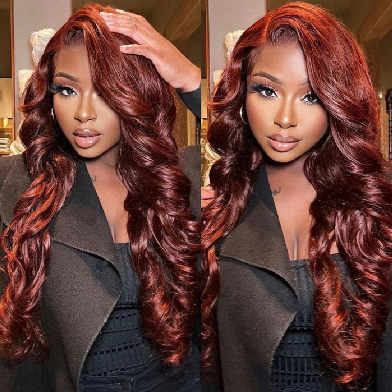 #33 Reddish Brown Wig Body Wave Wig Transparent Lace Front Wigs 180% Density Human Hair Wigs