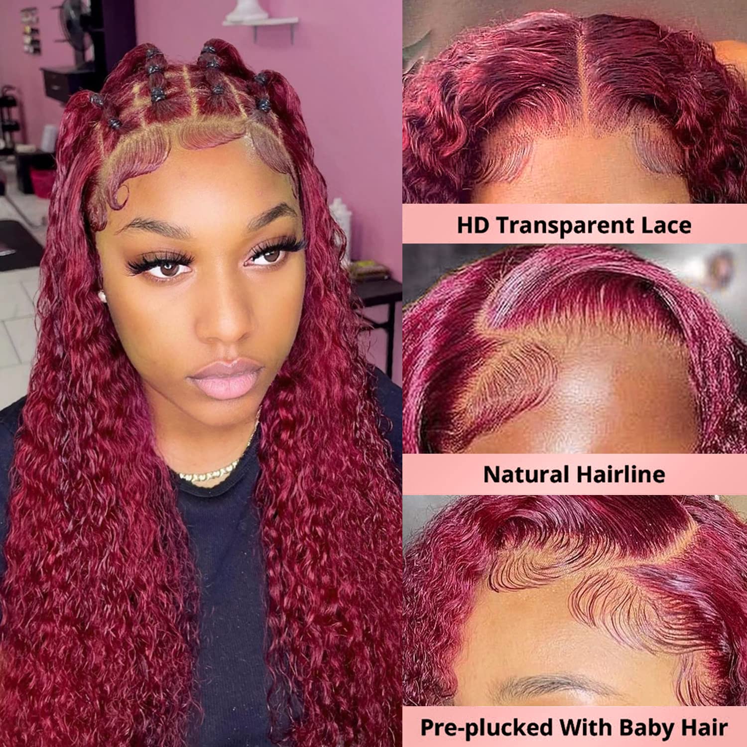 Pre-Cut Lace Wear Go Glueless Wig Burgundy Pure Color Curly Breathable